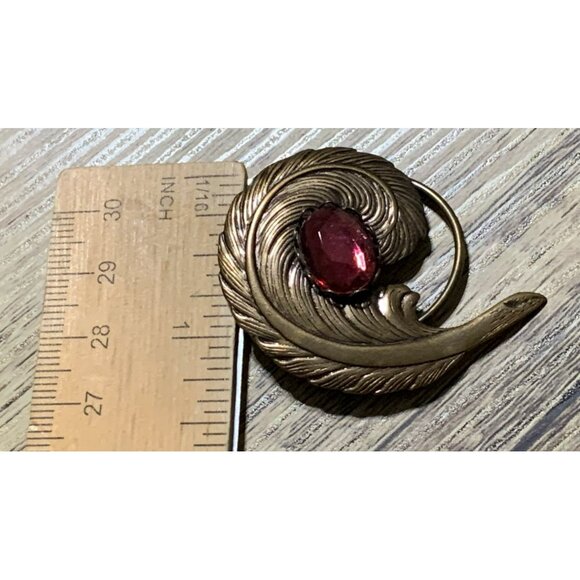 VTG 70s Jeri-Lou Gold-Tone Feather Scarf Clip Brooch Glass Stone Art Nouveau - Picture 5 of 5